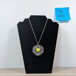 Vintage Style Silver Tone Pendant Necklace Yellow Stone Medallion 38”
